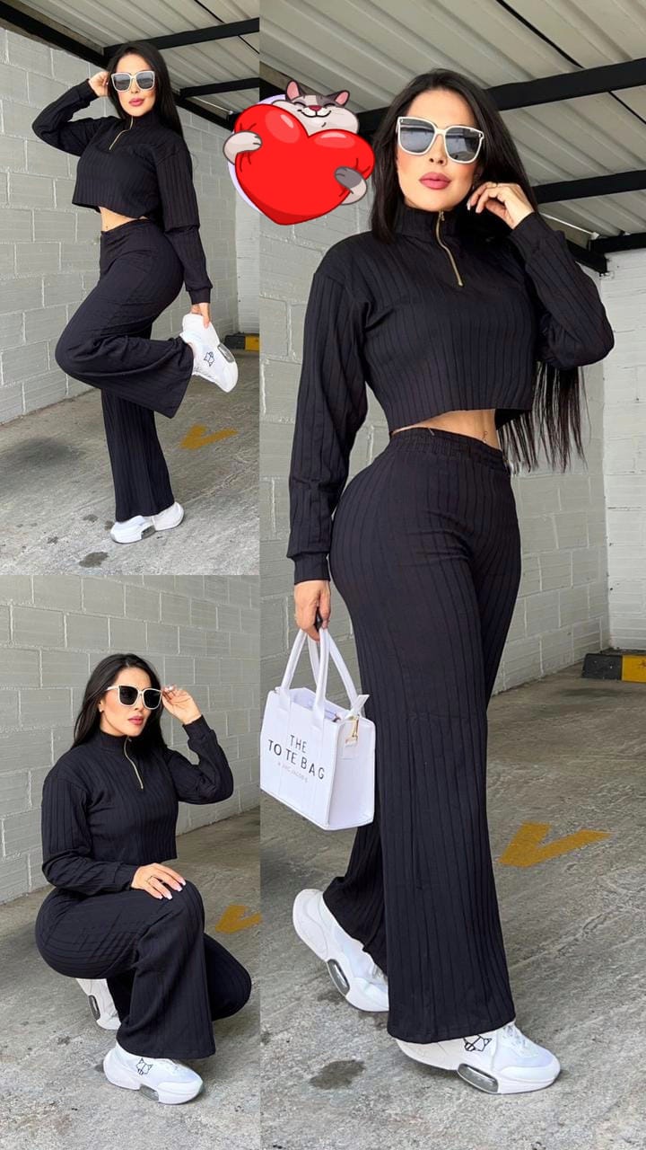 Conjunto 2 piezas Rib Chaqueta Manga con Cierre😍