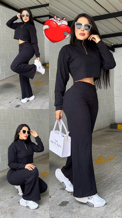 Conjunto 2 piezas Rib Chaqueta Manga con Cierre😍