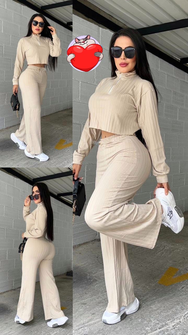 Conjunto 2 piezas Rib Chaqueta Manga con Cierre😍