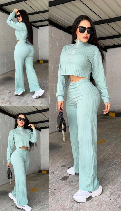 Conjunto 2 piezas Rib Chaqueta Manga con Cierre😍