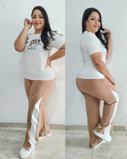 Nueva Colección😍💕 Set 2 Piezas Pantalon Bota Ancha+ Camiseta Tela Burda Talla Plus❤️😍