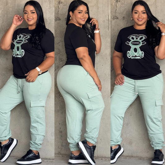 Nueva Colección Set 2 Piezas Pantalon Bota Ancha+Camiseta Burda Talla Plus